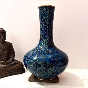 Chinese Antique Cloisonne Enamel and Brass Blue Vase with Gold accents 6.5”